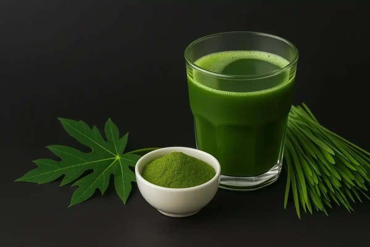 Wheatgrass juice benefits with fresh green wheatgrass, chlorophyll, and detox elements supporting digestion and metabolism